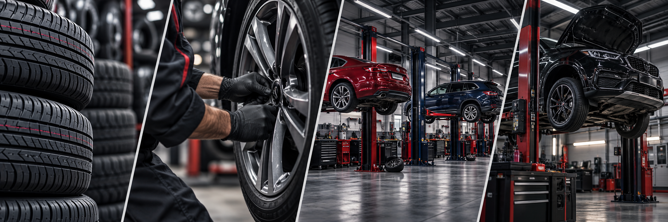 Tires, wheel service and automotive repair bays — illustrative service photos